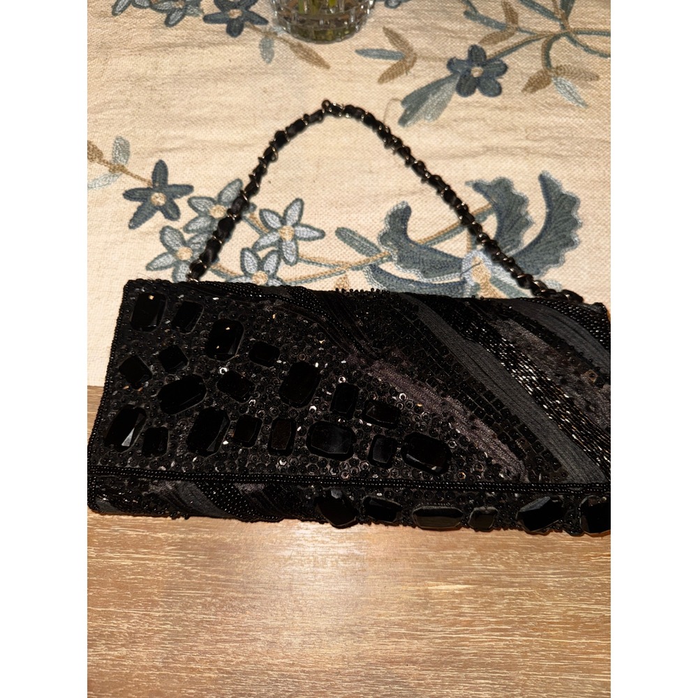 Chicos Black Beaded Gem Embellished Clutch Evening Bag Chain Strap - Picture 3 of 10